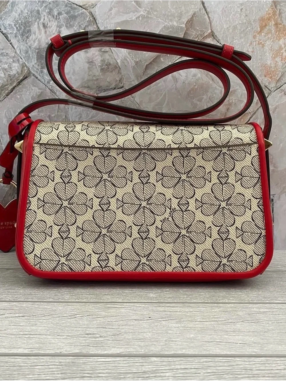 kate spade Cream Floral Print Crossbody with Red Trim and Heart Charm